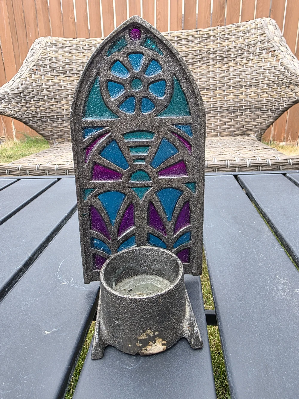 Colonial Candle Japan Cast Iron Cathedral Stained Glass Candle Holder Votive